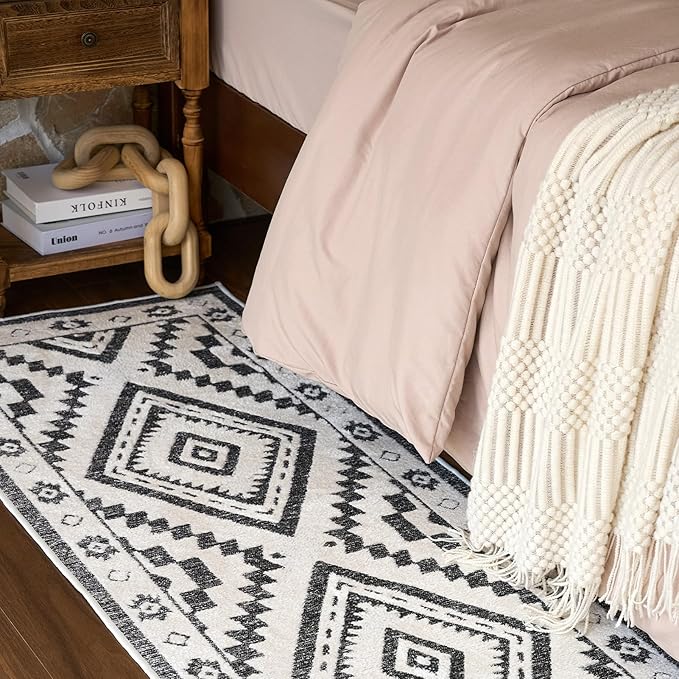 Moroccan Washable Entryway Rug 2x3, Geometric Decorative Woven Area Rug, Non-Slip Boho Accent Soft Low-Pile Indoor Door Mat, Small Throw Rug for Bedroom Front Porch, Black and White