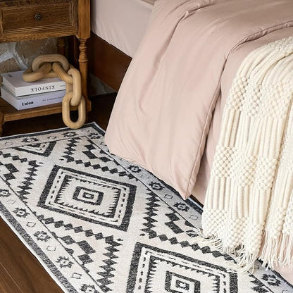 Moroccan Washable Entryway Rug 2x3, Geometric Decorative Woven Area Rug, Non-Slip Boho Accent Soft Low-Pile Indoor Door Mat, Small Throw Rug for Bedroom Front Porch, Black and White