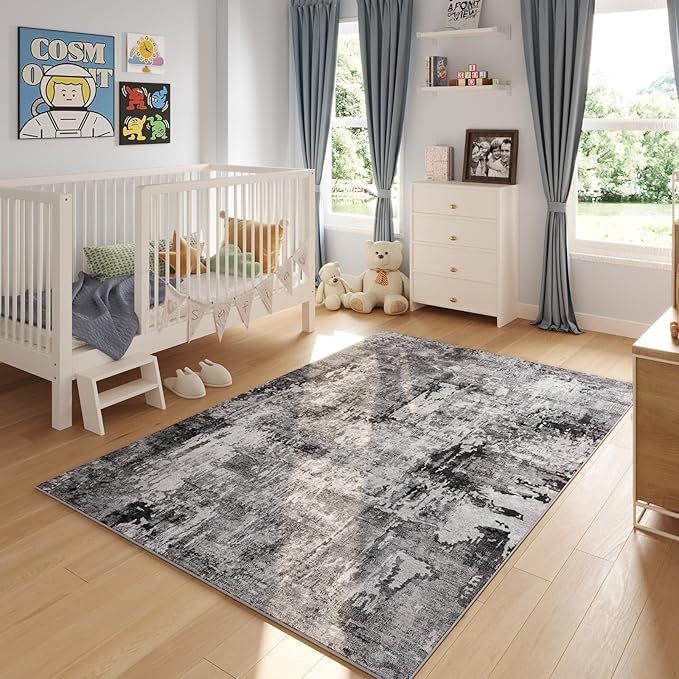 Rugcomf 9x12 Washable Boho Rug - Soft, Non-Slip, Non-Shedding Faux Wool Vintage Rug for Living Room, Dining Room, Kids Playroom, Indoor - Grey and Black