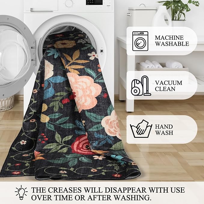 DUKINO Runner Rug, 2.6x8 Kitchen Rugs for Hallway with Non Slip Backing, Washable Low Pile Soft Boho Floral Runner Carpet for Hallway, Kitchen, Entryway, Laundry, Bedroom, Black