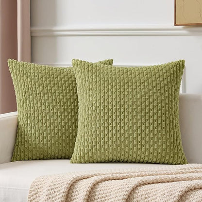 Kevin Textile Spring Decorative Pillow Covers Set of 2 Striped Plush Corduroy Pillows Pillowcases Boho Home Decor Cushion Covers for Couch Sofa Bed Living Room 20x20 Inch, Grass Green