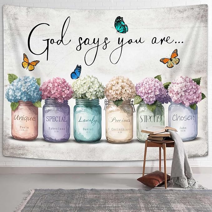 DYNH Inspirational Bible Verse Tapestry, God Says You Are Wall Sayings Flowers in Mason Jar Wall Hanging,Quotes Tapestries for Bedroom Living Room Dorm TV Backdrop,Beach Blanket,60X50 In