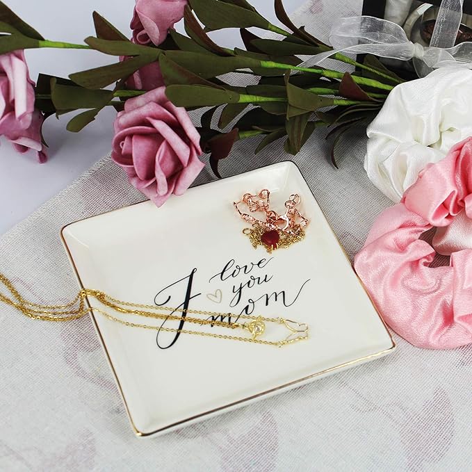 LADY&HOME Gifts for Mom - I Love You Mom Trinket Dish & Ceramic Ring Dish for Mother's Day