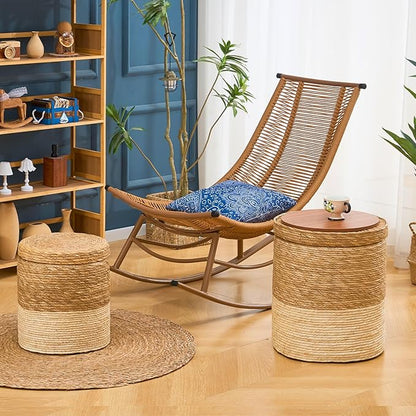 Wimarsbon Round Pouf Ottomans, Handwoven Natural Water Hyacinth Seagrass Pouffe,Outdoor Rattan Stool Accent Seat, Bohemian Coastal Home Decor (Cattail Nested Set-White)