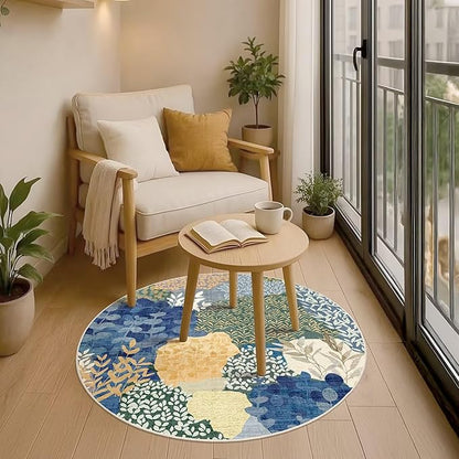 DEXDE Round Rug 4ft Washable Circle Area Rugs Non Slip Low Pile Boho Floral Small Circular Carpet for Bedroom Bathroom Entryway Kids Room Office Dining Room,Blue