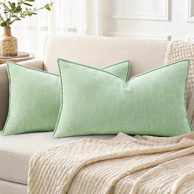 decorUhome Spring Couch Throw Pillow Covers 12x20 Set of 2, Decorative Soft Velvet Neutral Chenille Lumbar Pillow Covers with Elegant Design for Sofa Bed Living Room Home Decor, Sage Green