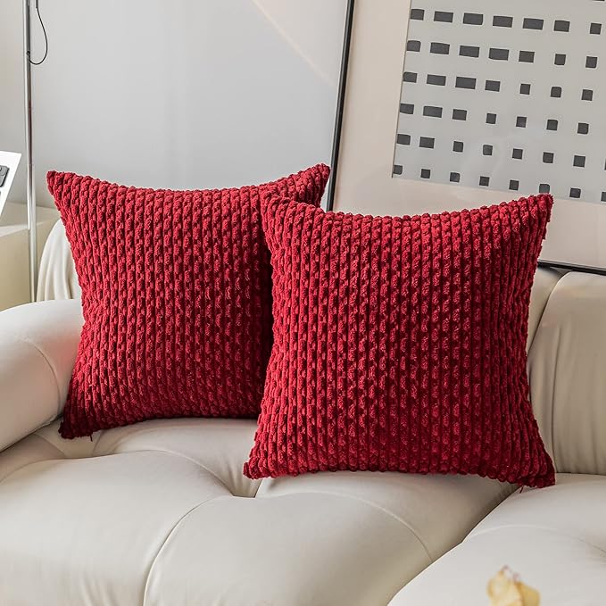 Kevin Textile Pack of 2 Corduroy Decorative Throw Pillow Covers 26x26 Inch Soft Boho Striped Pillow Covers Modern Farmhouse Home Decor for Spring Sofa Living Room Couch Bed Burgundy