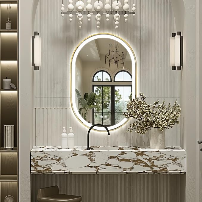 Niccy Oval LED Mirror for Bathroom, 40x24 Front Lit + Backlit Vanity Mirrors with Light Anti-Fog, Shatter-Proof, 3 Colors, Makeup Mirror with Old Gold Frame (Horizontal/Vertical)