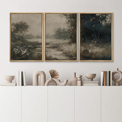 MUDECOR Framed Wall Art Print Set Vintage Landscape Subtle Forest and River in Earthy Tones Illustrations Modern Art Boho Decorative Colorful Chic for Living Room, Bedroom, Office - 16"x24"x3 Natural