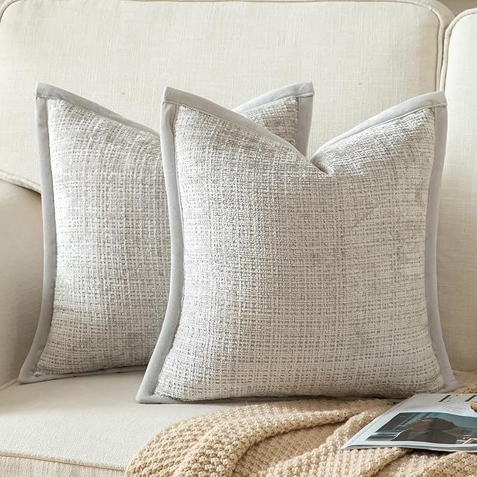 Yaertun Pack of 2 Chenille Textured Decorative Throw Pillow Covers Accent Solid Cushion Cover Soft Cozy Pillow Case with Velvet Back for Couch Sofa Bed Living Room 18x18 Inch Pearl Grey