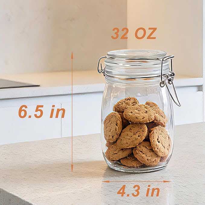 Airtight Glass Jar With Lids 32 OZ Wide Mouth Clear Storage Canisters 2 Pack Leakproof Food Storage Containers Glass Sealed Food Storage Jars With Metal Safety Buckle For Kitchen Pantry Organization