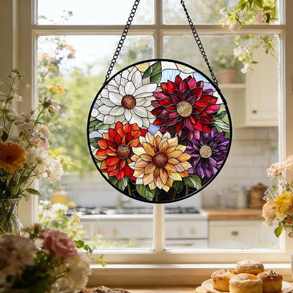 Stained Glass Window Hanging, Colorful Flowers Sun Catcher for Window Door Home Decor Plant Suncatcher Christmas Mother's Day Birthday Gifts for Women Men Mom and Nana 15 in