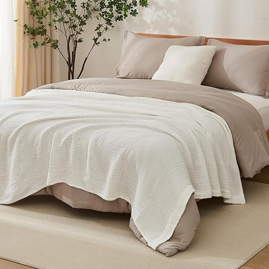 EMME Cotton Muslin King Blanket Big Oversized Bed Layering Bedspread Coverlet Breathable Gauze Soft Lightweight Blankets (White, 120"x94")