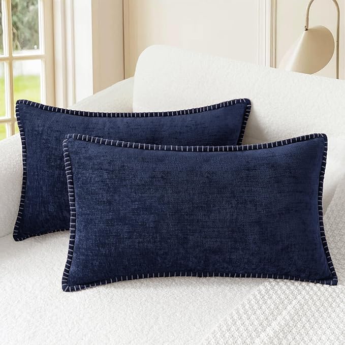 CaliTime Throw Pillow Covers Decorative 12 X 20 Inches Pack of 2 Cotton Thread Stitching Edges Solid Dyed Soft Chenille Cushion Cases for Couch Sofa Bed Living Room Farmhouse Navy Blue