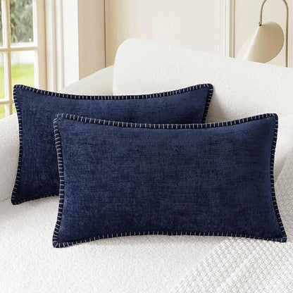CaliTime Throw Pillow Covers Decorative 12 X 20 Inches Pack of 2 Cotton Thread Stitching Edges Solid Dyed Soft Chenille Cushion Cases for Couch Sofa Bed Living Room Farmhouse Navy Blue