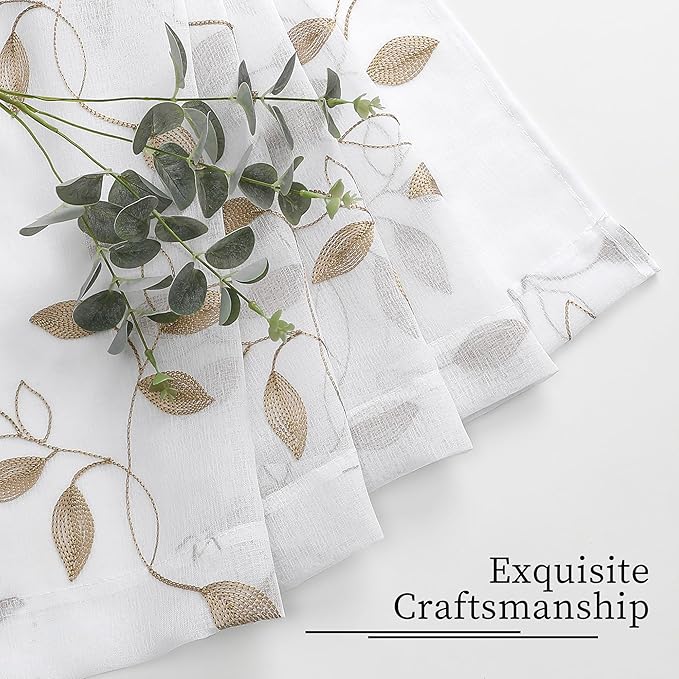 Tollpiz Taupe Leaf Sheer Curtains Leaves Embroidered Bedroom Curtain Rod Pocket Voile Window Treatment for Living Room, 54 x 84 inches Long, Set of 2 Panels