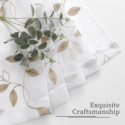 Tollpiz Taupe Leaf Sheer Curtain Leaves Embroidered Living Room Curtains Rod Pocket Voile Window Treatment for Bedroom, 54 x 72 inches Long, Set of 2 Panels