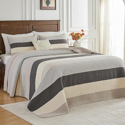 SahSahCasa 100% Cotton 120"x120" Oversized King Quilt Bedspread - California King Quilted Extra Large Comforter Lightweight Bedding Set, Cal King XL Striped Bed Spread, Light Taupe/Light Ivory/Gray
