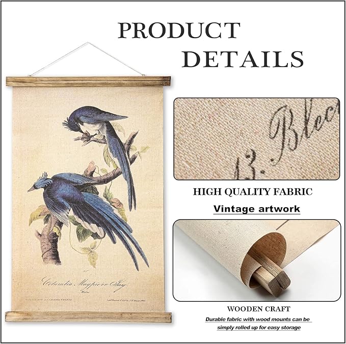 ABoby Vintage Birds Hanging Poster, Retro Style of Wall Art Prints, Printed on Linen with Wood Frames, Ready to Hang