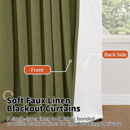 Lajode Olive Green 100% Linen Blackout Curtains for Living Room 63 Inch Long 2 Panels, Thermal Insulated Noise Reducing Window Total Black Out Curtains for Bedroom, Each 52x63 Inch 2 Panels