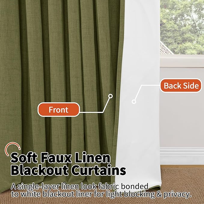 Lajode Linen Blackout Curtains 90 Inch Long, Olive Green Extra Long Curtains for Bedroom Living Room Modern Farmhouse, Thermal Light Blocking Faux Linen Energy Save Drapes Each 52x90 Inch 2 Panels
