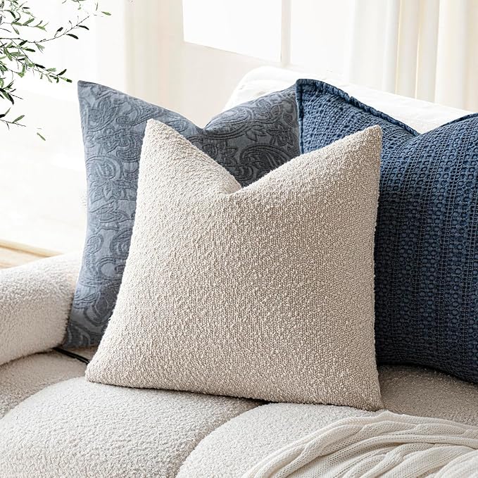 Foindtower Pack of 2, Decorative Textured Boucle Throw Pillow Covers Accent Solid Pillow Cases Cozy Soft Couch Cushion Case for Chair Sofa Bedroom Living Room Home Decor 22 x 22 Inch Ivory Beige
