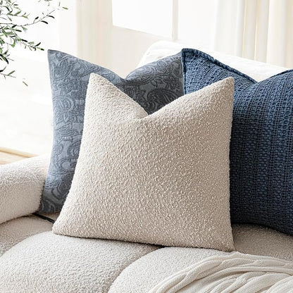 Foindtower Decorative Textured Boucle Throw Pillow Covers Accent Solid Pillow Cases Neutral Soft Cozy Couch Cushion Case for Chair Sofa Bedroom Living Room Home Decor 16x16 Inch,1PC,Light Beige