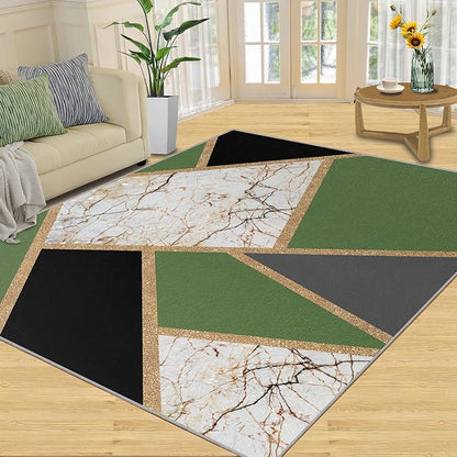 Jadeite Marble Area Rugs 3D Black Gold Marble Rug Light Luxury Geometric Line Carpet Mid-Century Simple Rug Stone Cracks Rugs for Living Room Bedroom 5x7ft