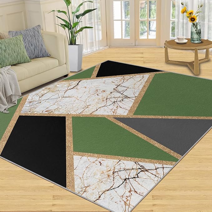 Jadeite Marble Area Rugs 3D Black Gold Marble Rug Light Luxury Geometric Line Carpet Mid-Century Simple Rug Stone Cracks Rugs for Living Room Bedroom 4x6ft