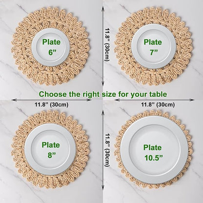 11.8" Set of 4 Round Corn Husk Placemats | Boho Woven Rattan Table Mats | Farmhouse Wicker Spring Plate Chargers Like Water Hyacinth, Seagrass for Wedding, Party, Christmas, Events