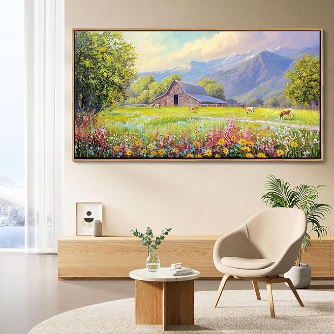 AJAZIKO Rustic Mountain Wall Art,Farmhouse Landscape Wall Decor with Highland Cow & Floral Art - Nature & Country Artwork for Living Room, Bedroom & Walls - Framed Flower Pictures for Home 24x48IN