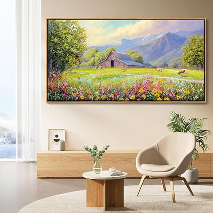 AJAZIKO Rustic Mountain Wall Art,Farmhouse Landscape Wall Decor with Highland Cow & Floral Art - Nature & Country Artwork for Living Room, Bedroom & Walls - Framed Flower Pictures for Home 24x48IN