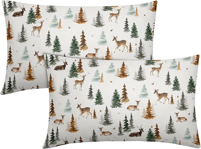 Watercolor Deer Spring Pillow Covers 12x20 Set of 2 Forest Tree Throw Pillow Covers Rustic Pillowcase Linen Decoration Farmhouse Soft Decorative Green Brown Cushion Case Couch for Indoor Home Decor