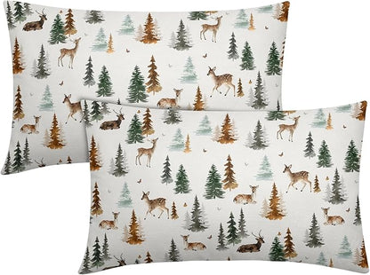 Watercolor Deer Spring Pillow Covers 12x20 Set of 2 Forest Tree Throw Pillow Covers Rustic Pillowcase Linen Decoration Farmhouse Soft Decorative Green Brown Cushion Case Couch for Indoor Home Decor
