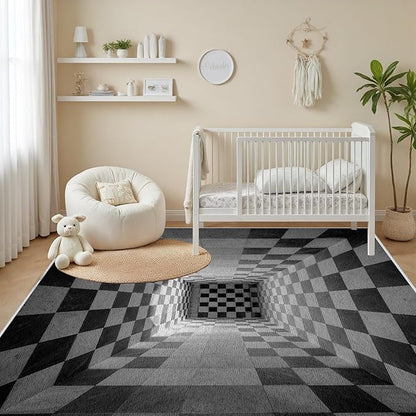 3D Rug 6x8, Plaid Soft Ultra Soft Faux Wool Low Pile Optical Illusion Rug, Indoor Floor Mats Abstract Geometric Carpet, Non-Slip Stain Resistant Washable Rugs, Modern Gray Rugs for Living Room