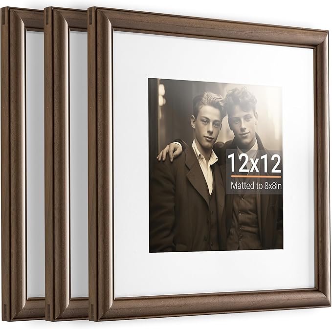 Heimlove 12x12 Picture Frame,12 x 12 Natural Solid Walnut Wood Square Frame with Tempered Glass,12"x12" Handcrafted Wood Frame Matted to 8x8 Photos for Wall Hanging Art Photo and Prints,3 Pack