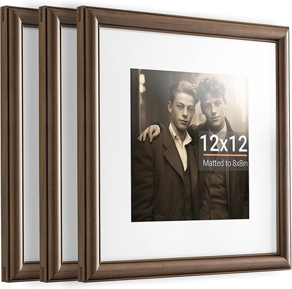 Heimlove 12x12 Picture Frame,12 x 12 Natural Solid Walnut Wood Square Frame with Tempered Glass,12"x12" Handcrafted Wood Frame Matted to 8x8 Photos for Wall Hanging Art Photo and Prints,3 Pack