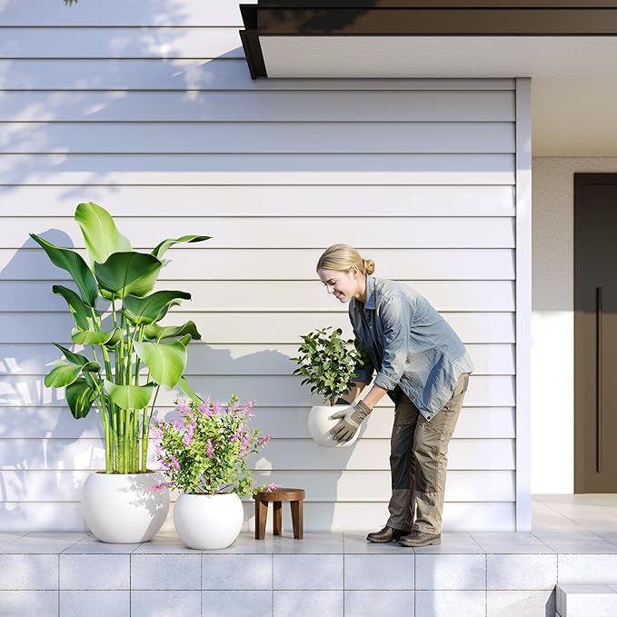 DTY Signature Mount Sherman Modern Indoor Outdoor Fiberstone Sphere Planter, Durable Round Garden Pot, Weather Resistant, Drainage Hole & Rubber Plug - Small, White