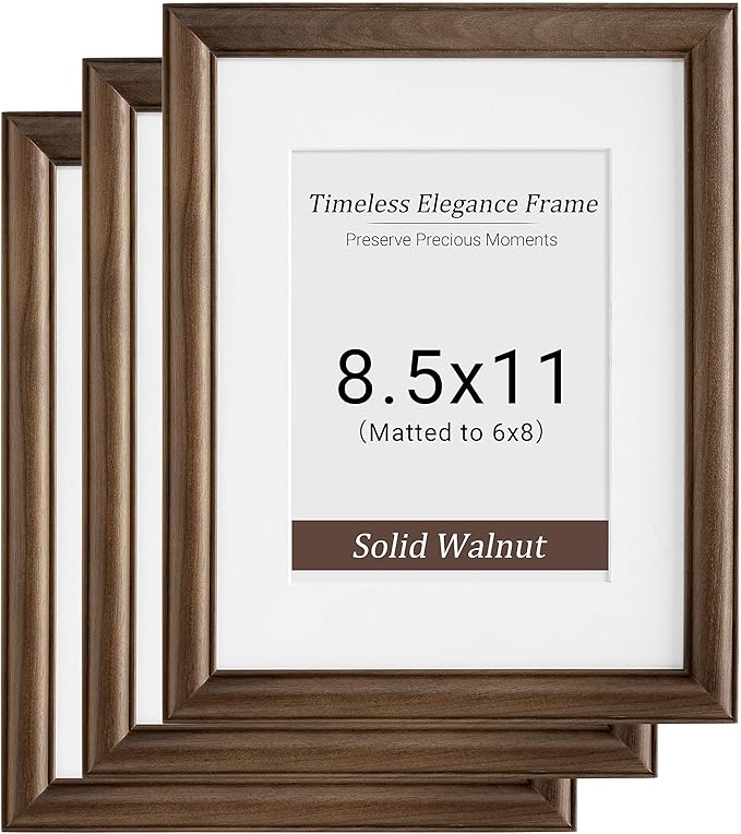 Heimlove 8.5x11 Picture Frame,Natural Solid Walnut Wood Frame Matted to 6x8 with Tempered Glass,8.5"x11" Handcrafted Diploma Document Frames Frame Vertical or Horizontal Wall Hanging Display,3 Pack