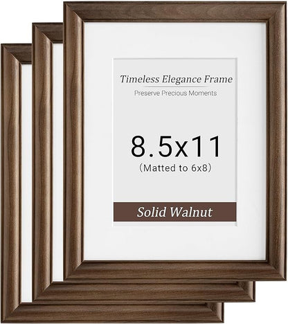 Heimlove 8.5x11 Picture Frame,Natural Solid Walnut Wood Frame Matted to 6x8 with Tempered Glass,8.5"x11" Handcrafted Diploma Document Frames Frame Vertical or Horizontal Wall Hanging Display,3 Pack