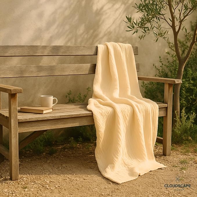Luxury 100% Cotton Muslin Throw Blanket, 4 Layer Extra Large 50x70in, Perfect for Couch, Sofa, Home Decor, Soft Cotton Gauze Travel Blanket, Winter Cozy Throw, All Season Ivory
