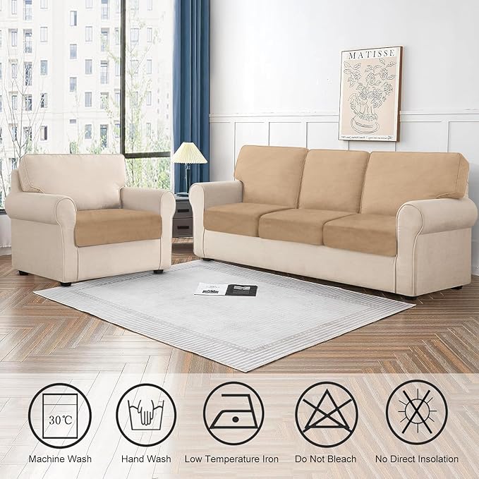 Couch Cushion Cover Velvet 1 Piece Seat Cushion Cover Stretch Armchair Cover Separate Sectional Sofa Slipcovers Furniture Protector (1-Seater or Sofa Backrest, Camel)