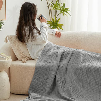 Love's cabin 6 Layer 100% Cotton Muslin Blanket, 90"x90" Muslin Blanket Queen for Couch Bed, Lightweight and Breathable Cotton Gauze for Adult, Medium Grey