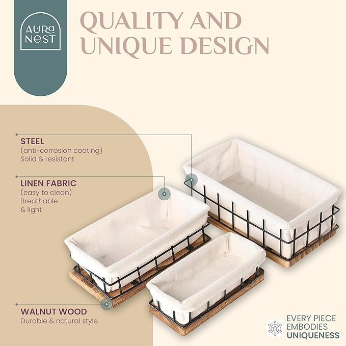 Set of 3 Decorative Basket Organizers, Sturdy Rustic & Farmhouse Decor Metal Wooden Baskets for Organizing, Wire with Liner, Perfect as Home, Kitchen or Bathroom Organizer