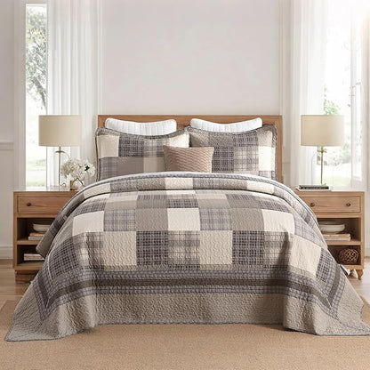 Farmhouse Bedspread King Size 120"x120" - 100% Cotton Lightweight Oversized King Quilt with 2 Pillowshams, Cottage Plaid King Quilted Bedding Bed Spreads Coverlet, Brown/Beige/Khaki