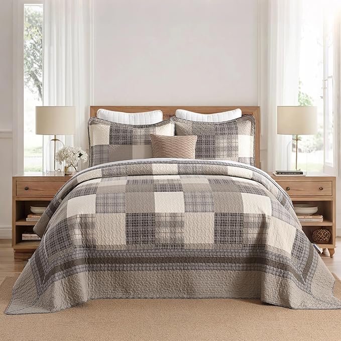 Oversized King Bedspread 128"x120" - 100% Cotton Lightweight California King Quilt with 2 Pillowshams, Farmhouse Plaid Extra Wide Quilted Bedding Bed Spreads Coverlet, Brown/Beige/Khaki
