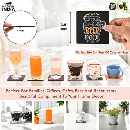 GKD Wooden Coasters for Drinks, Motivational MDF Wooden Coasters Set of 6 with Holder, 3.8 inches Eco-Friendly Absorbent Coaster for Coffee Table, Office, Bar, Drinking Glasses, Tabletop Protection