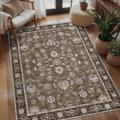 Tangsoo 3x5 Brown Washable Rug, Vintage Throw Entryway Rugs Non Slip, Soft Low Pile Floor Rug Floral Indoor Area Rugs Carpet for Living Room Bedroom Office Laundry Bedside Entry Entryway Farmhouse