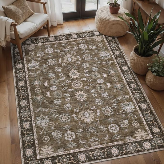 Tangsoo 3x5 Brown Washable Rug, Vintage Throw Entryway Rugs Non Slip, Soft Low Pile Floor Rug Floral Indoor Area Rugs Carpet for Living Room Bedroom Office Laundry Bedside Entry Entryway Farmhouse