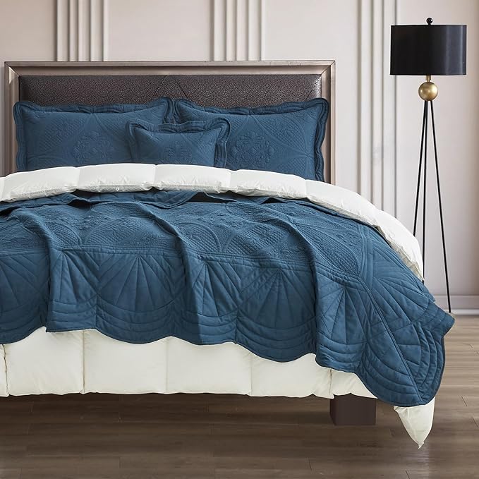 Bedspread - Full Size Bedding Cover - Modern & Contemporary Coverlet Set, Real Stitching, Reversible, Lightweight, 5 Piece, Navy